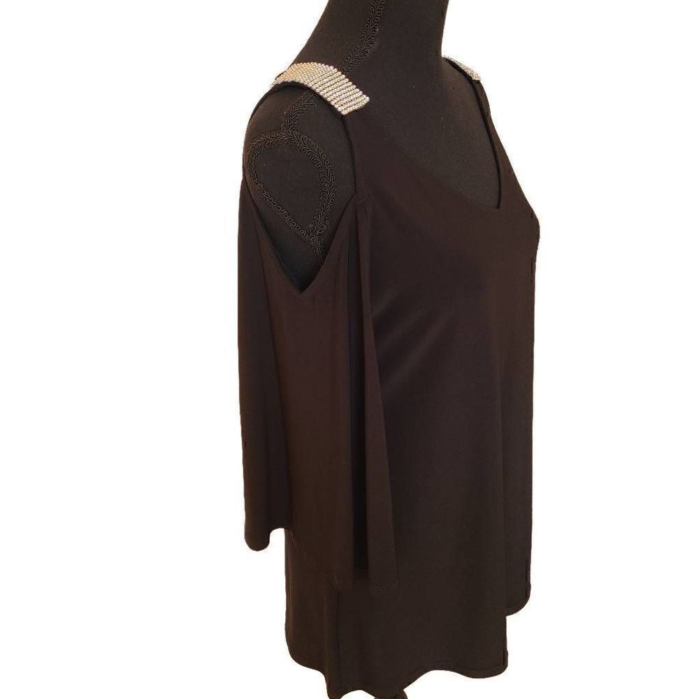 S Levine Womens Cold Shoulder Rhinestone Black Dressy Top Medium